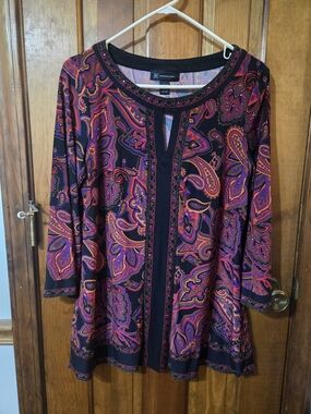 INC International Concepts Retro Black and Purple Paisley Tunic Top